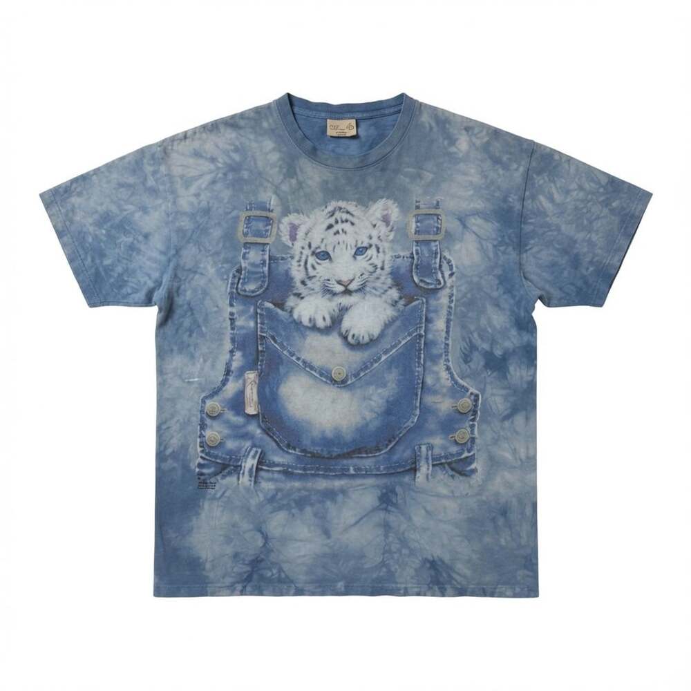 2001 Vintage The Mountain White Tiger Denim Overalls Graphic Tie-Dye T-Shirt XXL